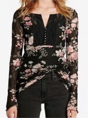 Denim & Supply Ralph Lauren Sheer Lace Mesh  Cottage Floral Long Sleeve Henley M